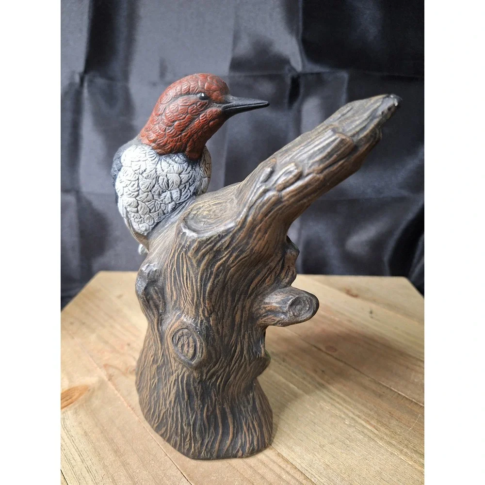 Vintage Red Headed Woodpecker Ceramic Figurine Bird on Tree Stump Statue 8.5